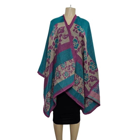 Urban Coco Womens Boho Western Colorful Floral Poncho Sweater Wrap Blanket Scarf - Picture 1 of 10